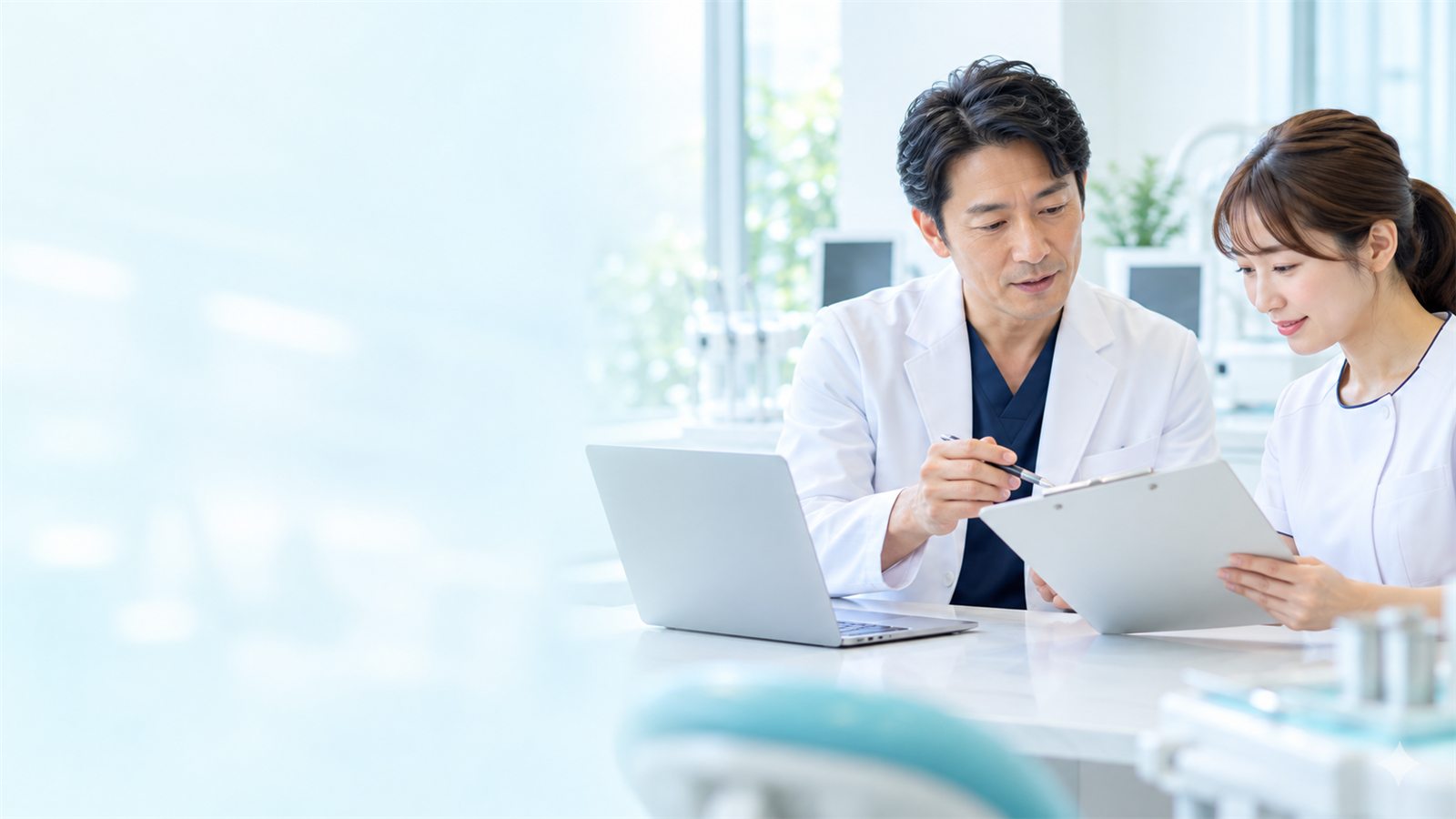 歯科医院で対話しながら業務を確認する人物のイメージ