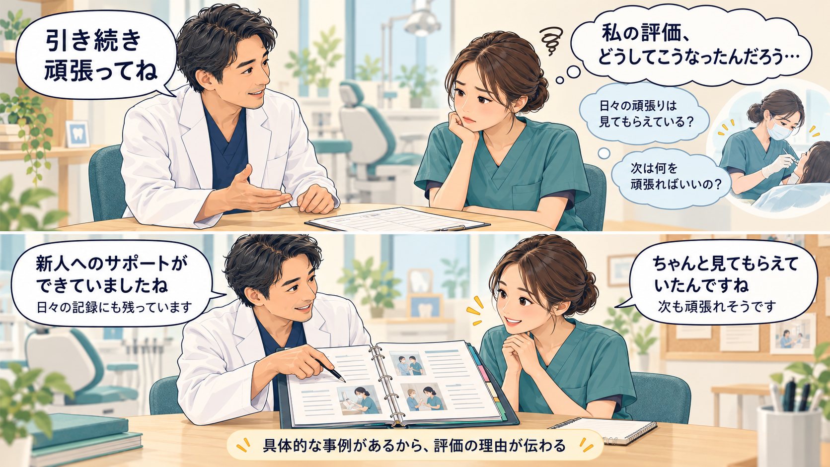 院長から引き続き頑張ってねと言われ、私の評価はどうしてこうなったのか、日々の頑張りは見てもらえているか、次は何を頑張ればよいのかと戸惑うスタッフ。